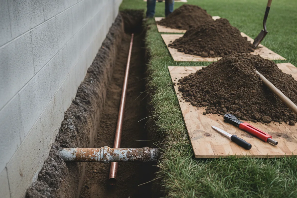 Excavated water line trench during Water Heater Repair in Sharps Chapel